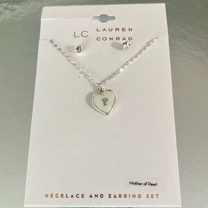 P INITIAL P NECKLACE AND EARRING SET MOTHER OF PEARL HEART NEW ON CARD SET